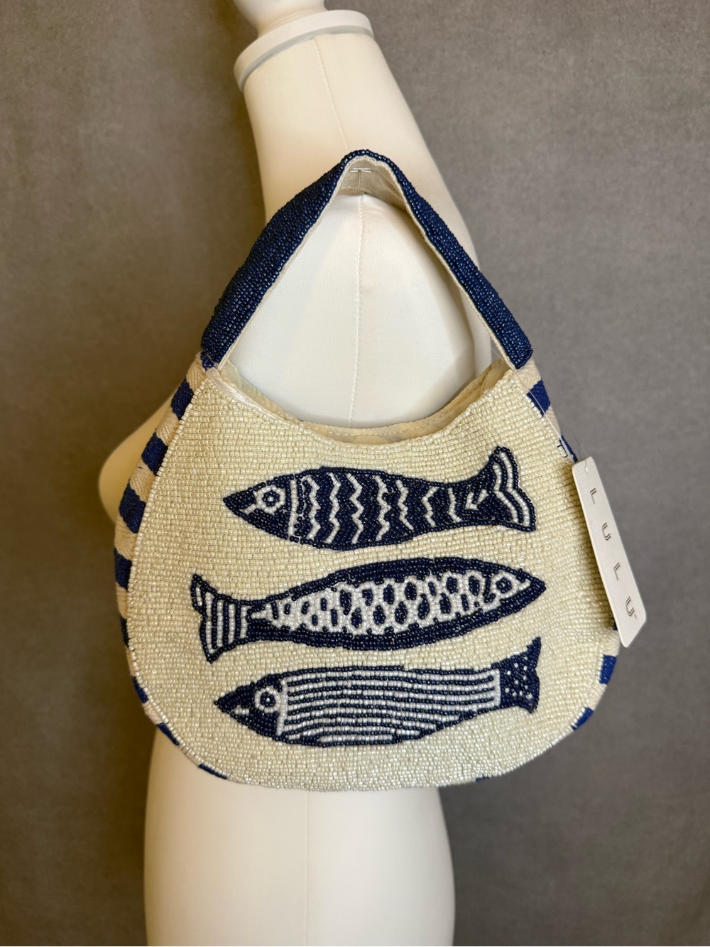 Lulu Blue & White Beaded Fish Shoulder Bag Nautical Coastal Beach Purse NWT